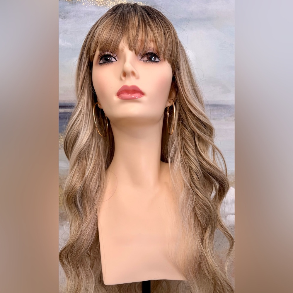 HAIR, 25” Long Wavy Layers, Center Part Bangs Ombre Med Brown/Blonde
